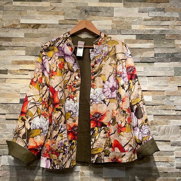 Chico’s Reversible Linen Jacket | 1 M, Fall Floral & Olive Green Capsule Piece - Picture 3 of 11
